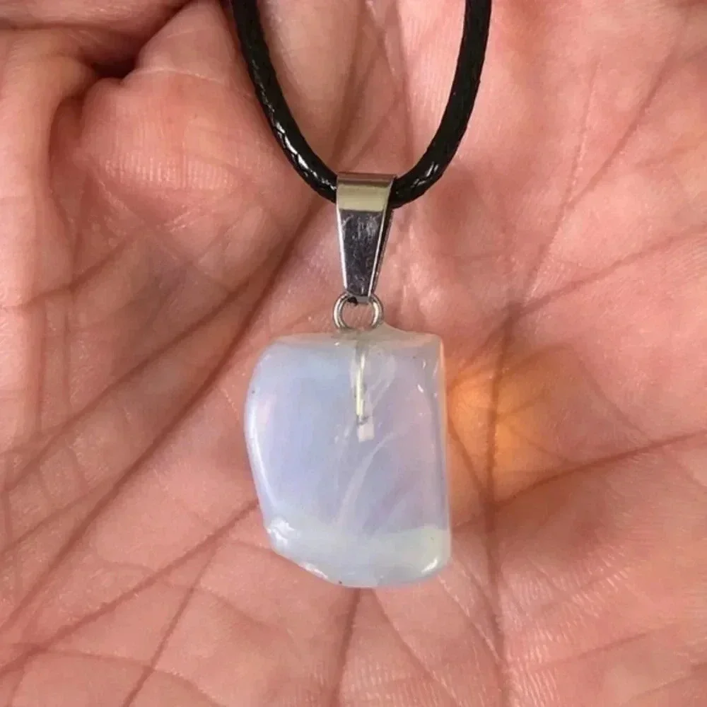 Milky Opalite Organic Cube Freeform Natural Braided Stainless Steel Necklace